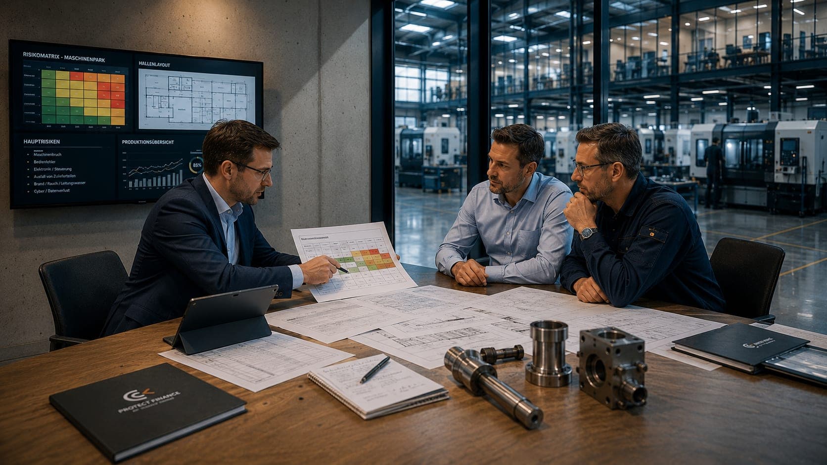 Berater im Gespräch mit einem Produktionsleiter vor Fertigungsmaschinen