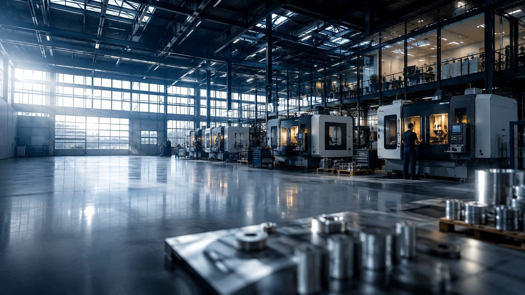 Moderne Industriehalle mit CNC-Fertigung und Robotik als Sinnbild für hochwertige Produktion