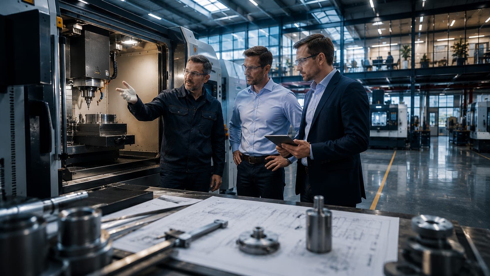 Produktionshalle mit mehreren CNC-Anlagen und Fertigungsmaschinen