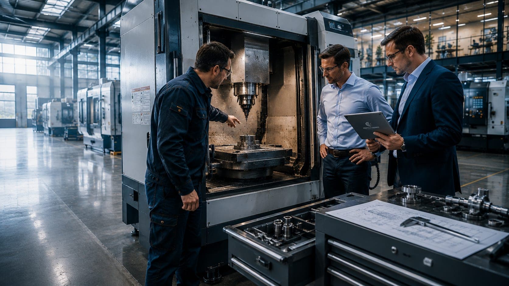 Servicetechniker an einer geöffneten CNC-Anlage mit Werkzeugwagen bei Produktionsstillstand