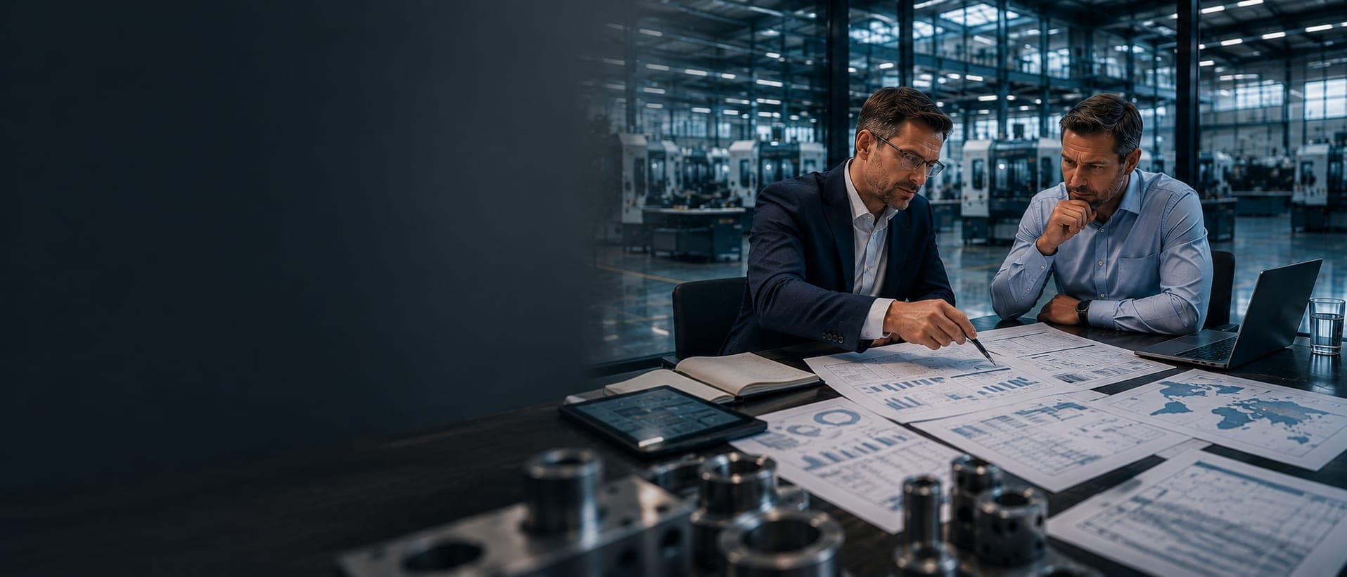 Zwei Fachleute analysieren Kennzahlen und Auswertungen im Industrieumfeld