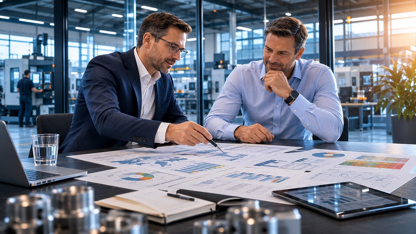 Zwei Fachleute erarbeiten gemeinsam eine Lösung anhand von Auswertungen