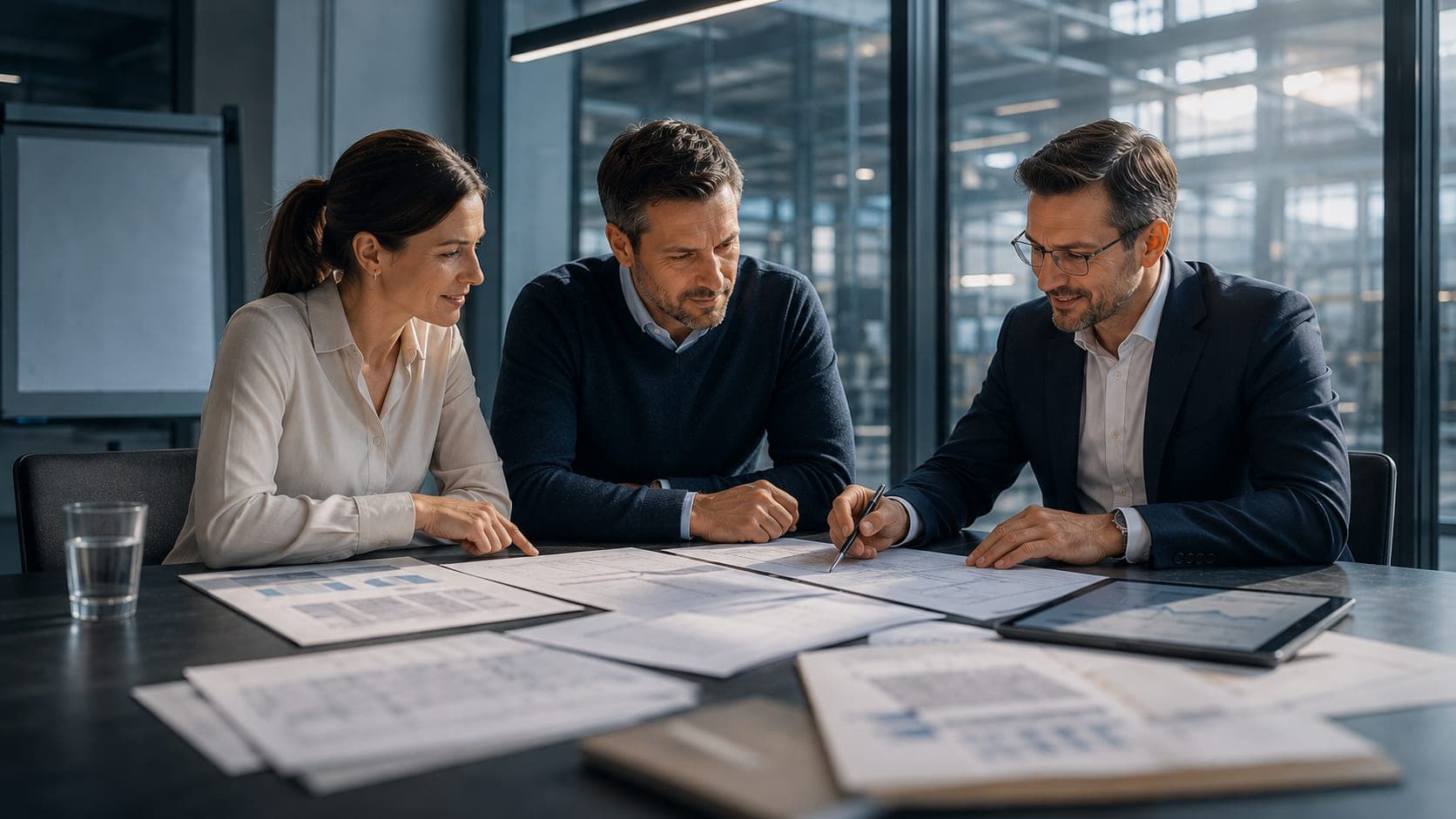 Drei Fachleute erarbeiten gemeinsam eine Lösung anhand von Auswertungen und Plänen
