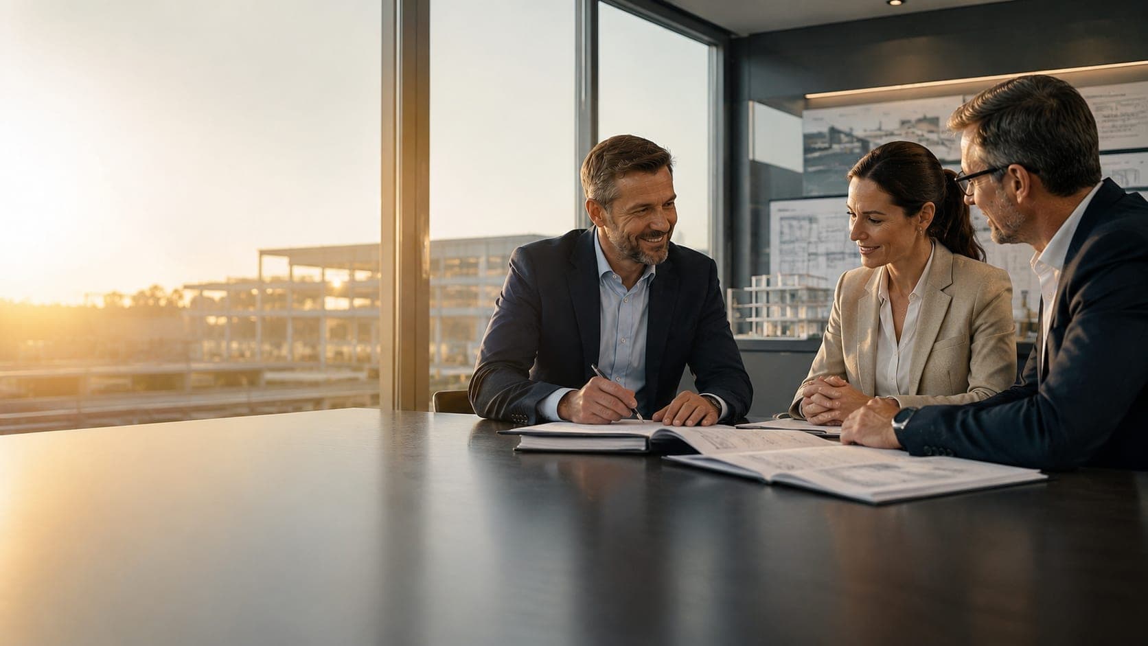 Baubeteiligte besprechen und unterzeichnen Vertragsunterlagen im Büro mit Blick auf ein Baustellenprojekt