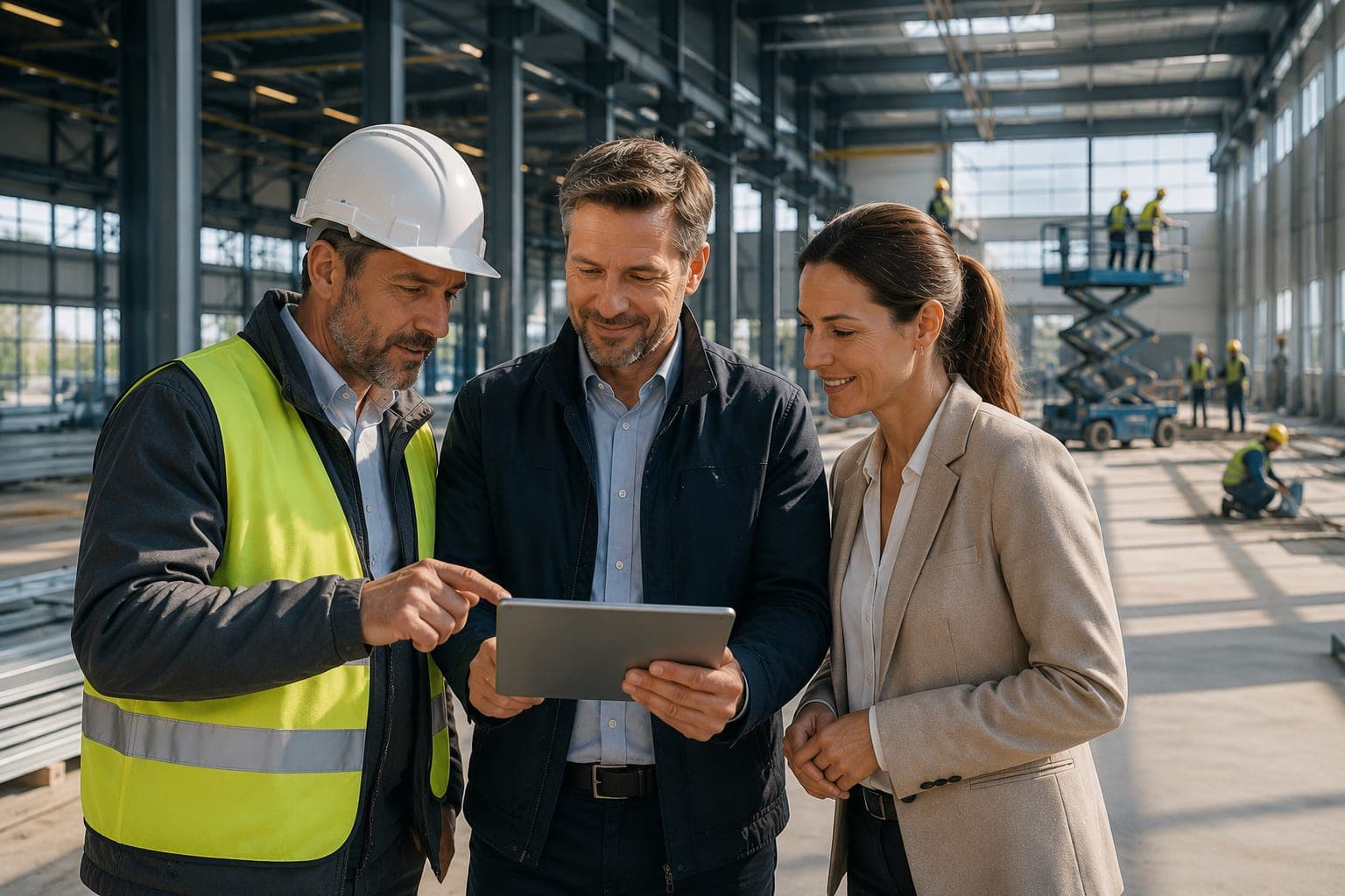 Bauleiter und Fachplaner besprechen die Projektumsetzung auf der Baustelle anhand eines Tablets