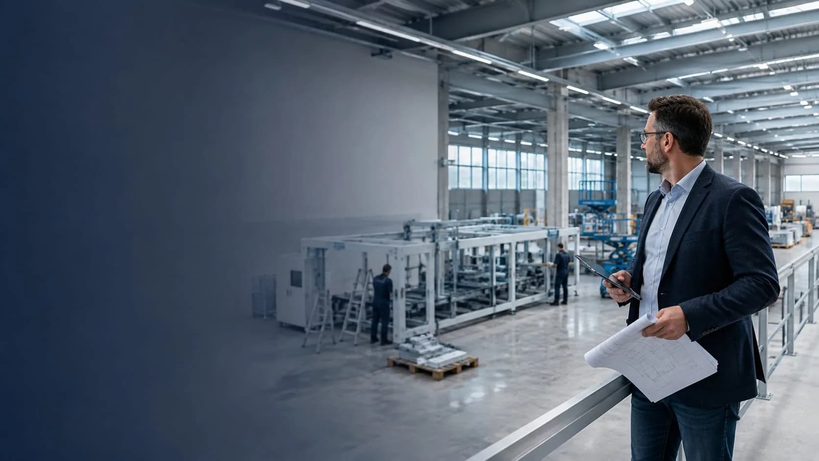 Unternehmer blickt mit Plänen und Tablet auf eine im Ausbau befindliche Produktionshalle – Sinnbild für Wachstum und Investitionsentscheidungen